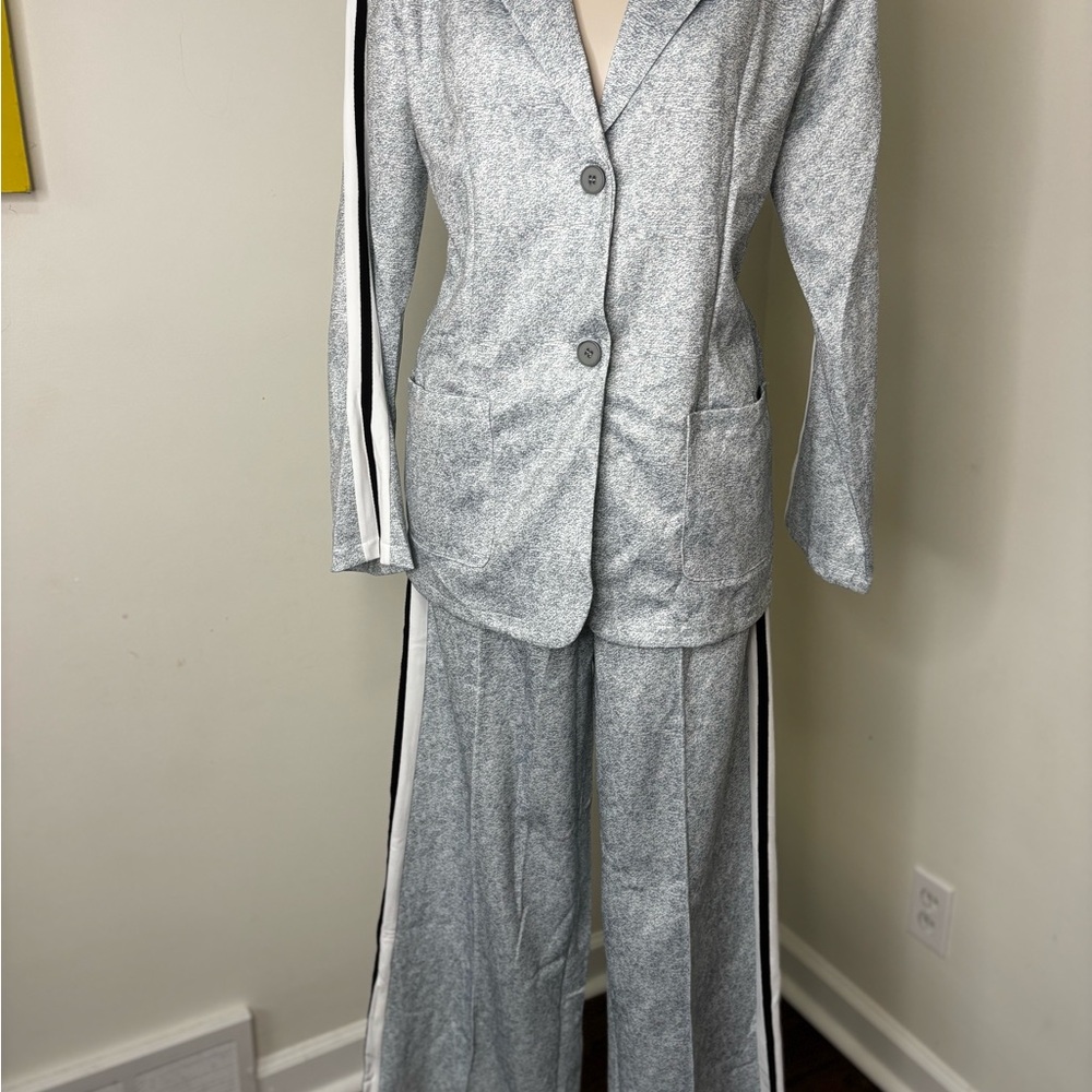 Blue Women's Pantsuit with Black and White Stripes L